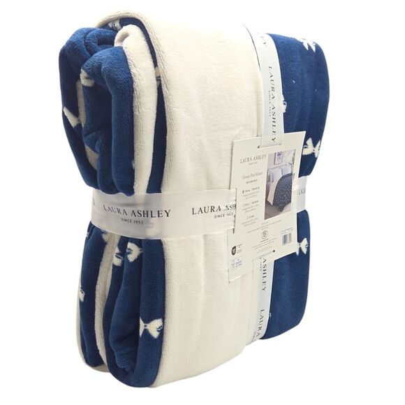 Laura Ashley Twin XL Bows Ivory And Blue Ultimate Plush Blanket Reversible 66x92 - Picture 9 of 9